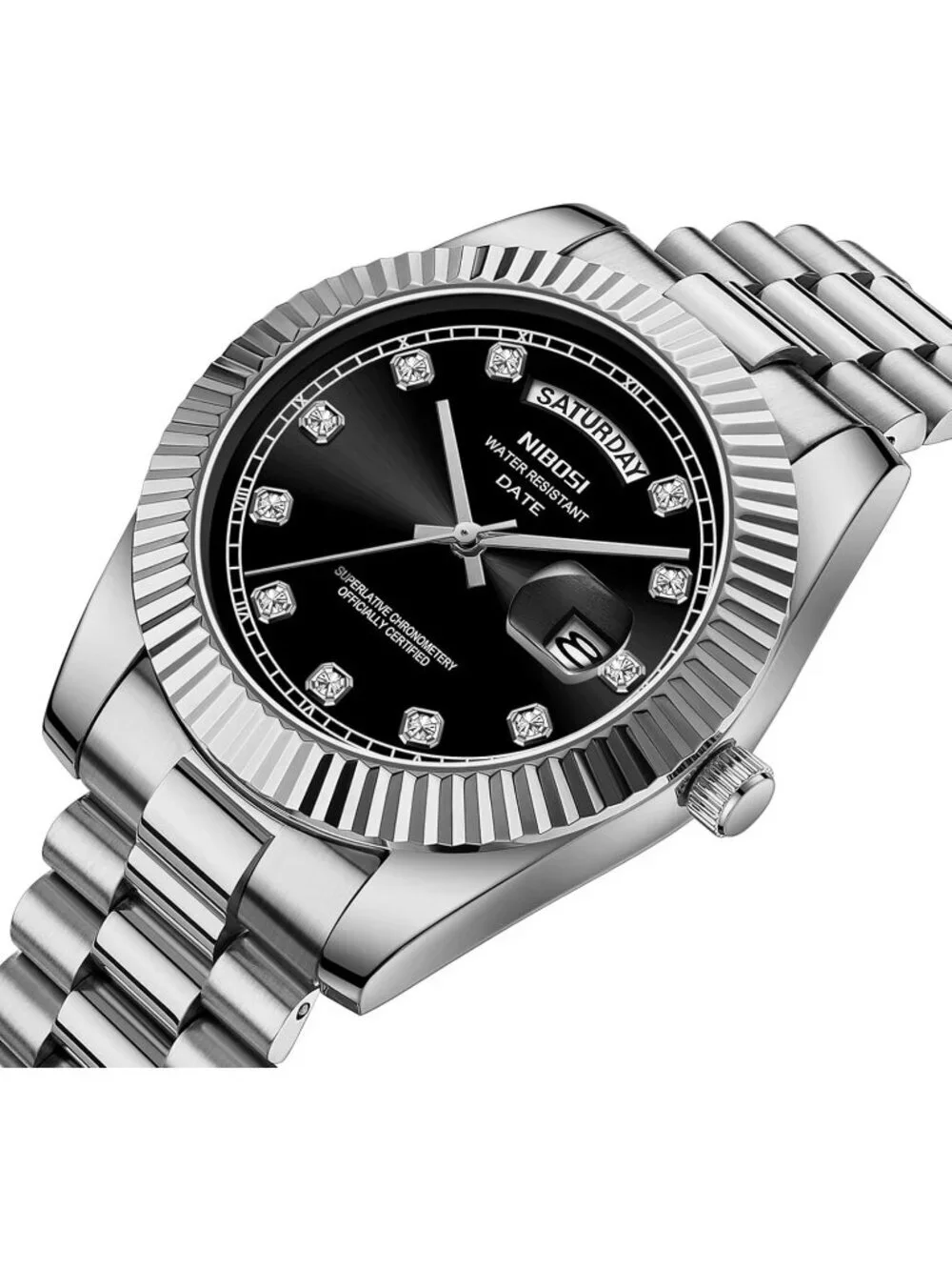Nibosi Mens Silver Black Analog Quartz Stainless Dimond Waterproof Desiger Watch